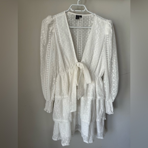 SHEIN X ELEPETRELLA Lantern Sleeve Tie Layered Hem Embroidery Chiffon Dress - MD - Picture 4 of 8